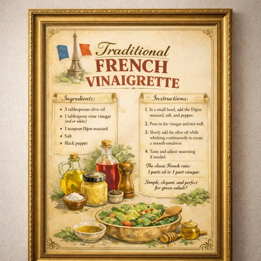 Affiche cuisine vintage la vinaigrette française traditionnelle pour votre cuisine avec illustrations eiffel tower
