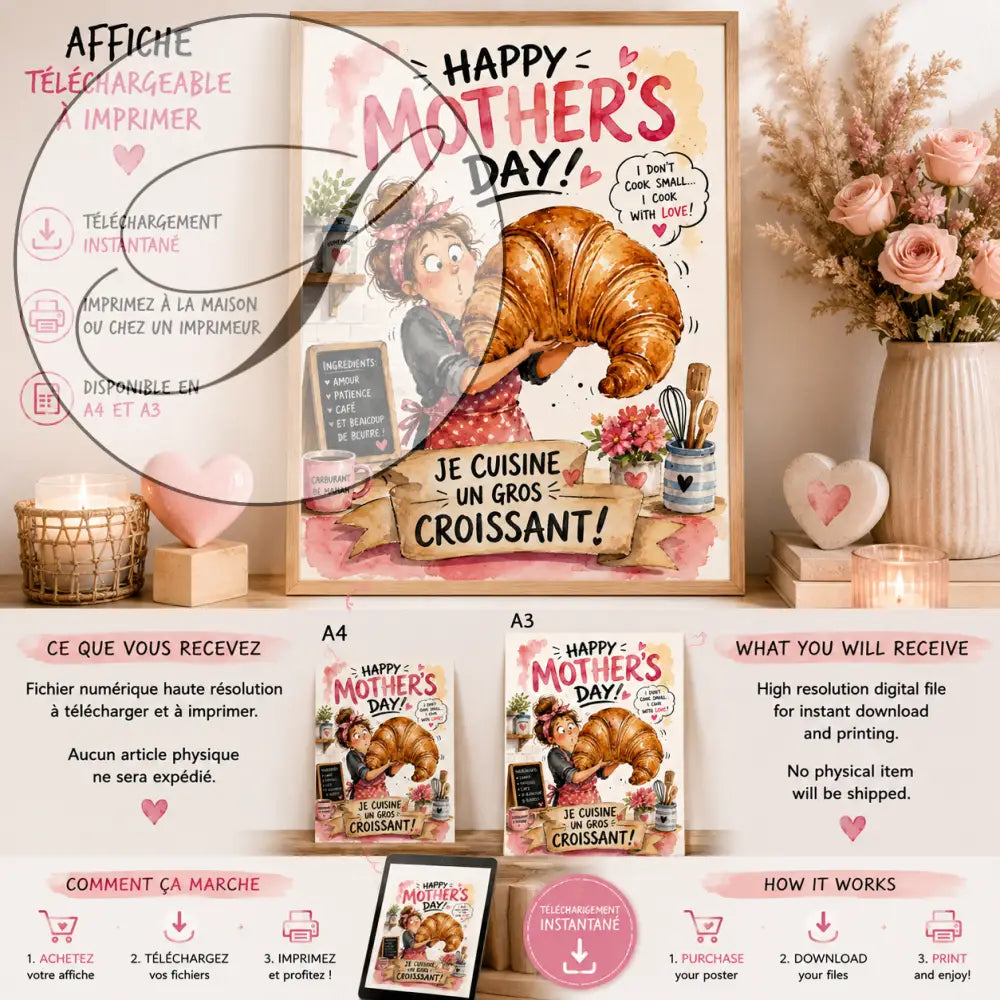 Affiche fête des mères charmante style aquarelle rose et beige avec femme en tablier tenant un croissant doré