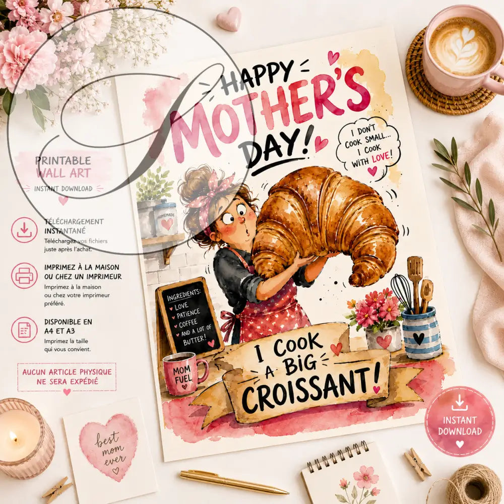 Illustration aquarelle d’une femme en tablier tenant un croissant géant doré sur fond rose avec accents floraux