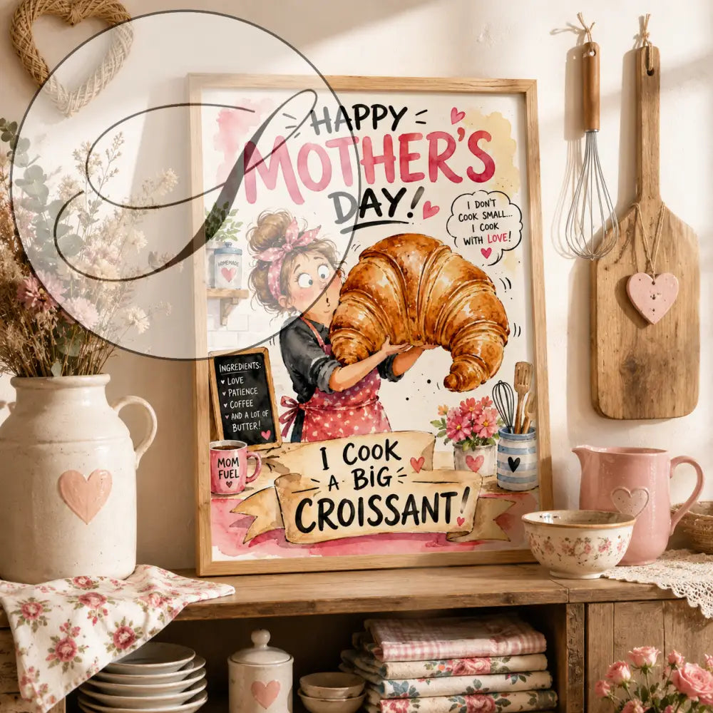 Affiche encadrée fête des mères avec dessin femme en tablier tenant un croissant doré et texte rose et noir