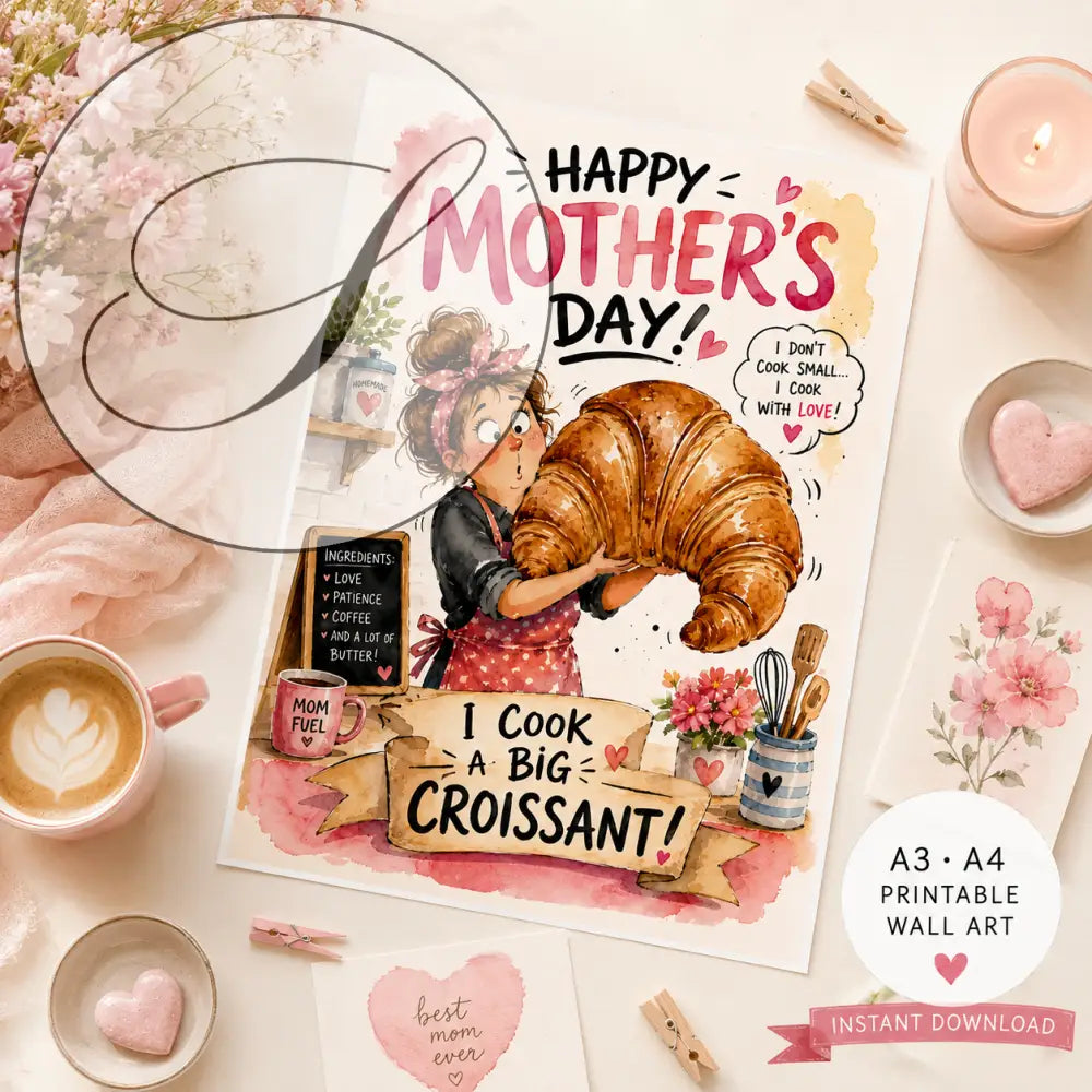 Illustration aquarelle d’une femme en tablier tenant un croissant doré entourée d’éléments de cuisine et fleurs roses
