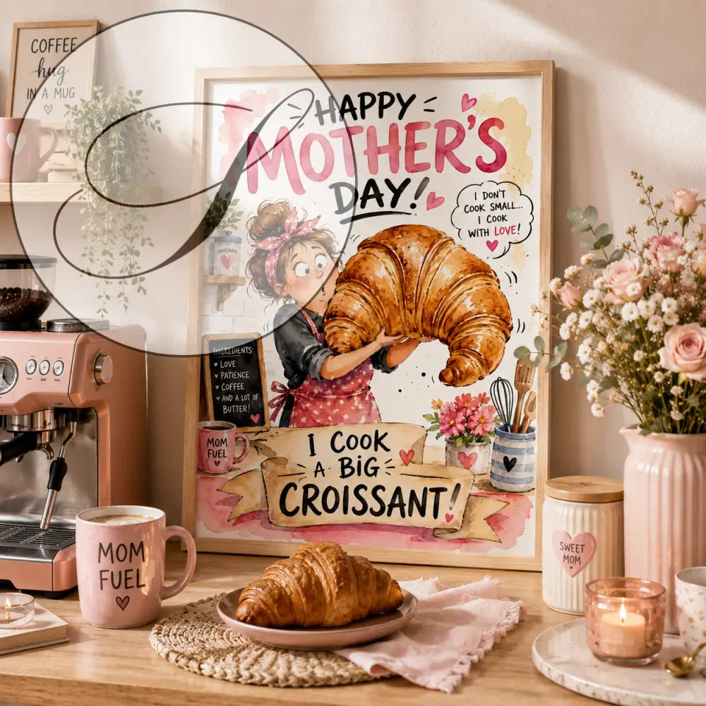 Illustration encadrée d'une femme en tablier tenant un énorme croissant, affiche fête des mères