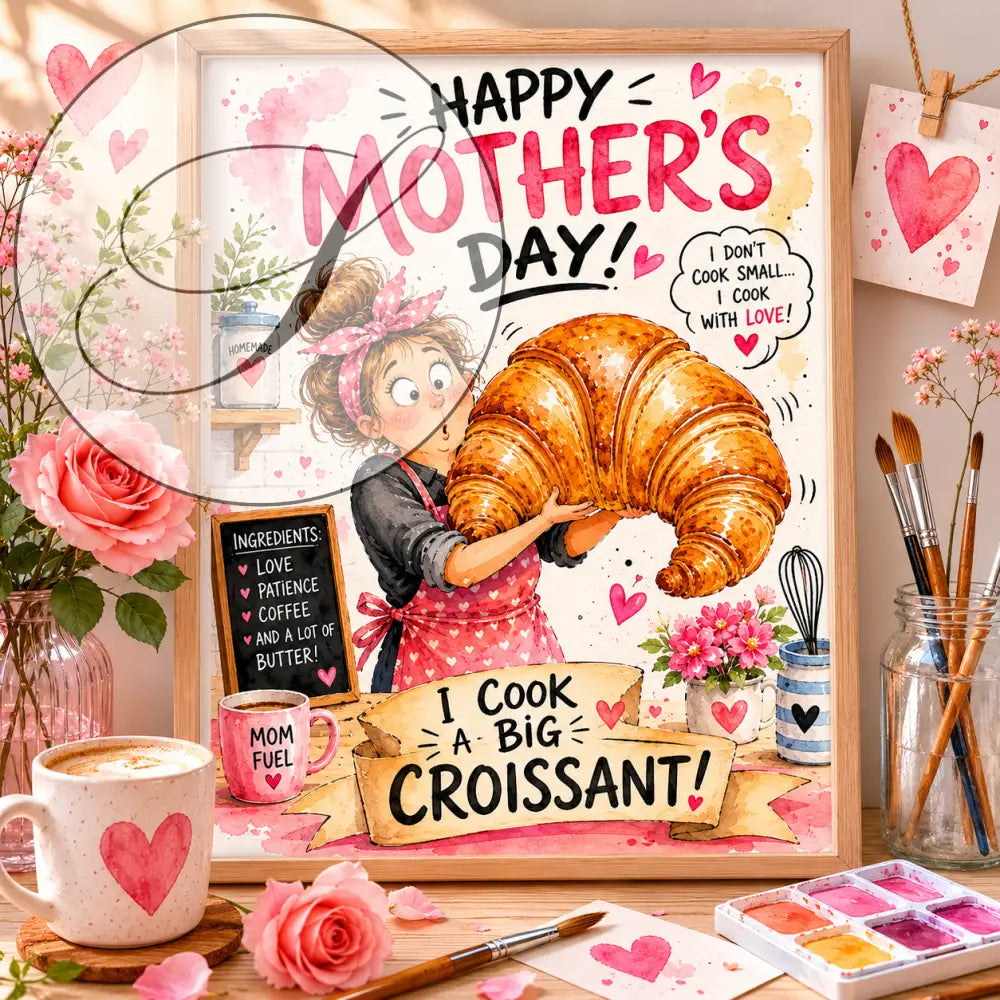 Illustration encadrée fête des mères femme en tablier tenant un grand croissant doré entourée de coeurs roses
