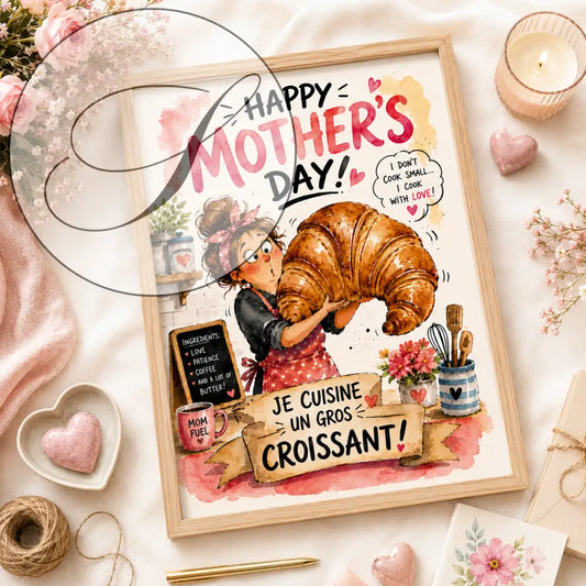 A framed watercolor illustration of a cartoon woman in apron holding a large croissant with happy mother’s day text