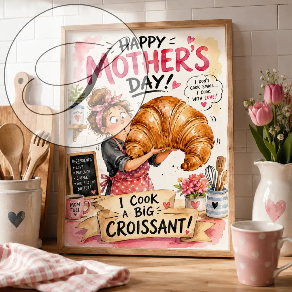 Affiche encadrée en aquarelle avec cadre en bois montrant une femme en tablier tenant un grand croissant doré pour la fête des mères