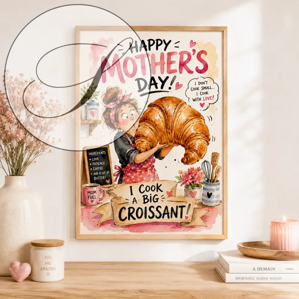 Un poster aquarelle encadré avec une femme en tablier tenant un croissant doré pour la fête des mères