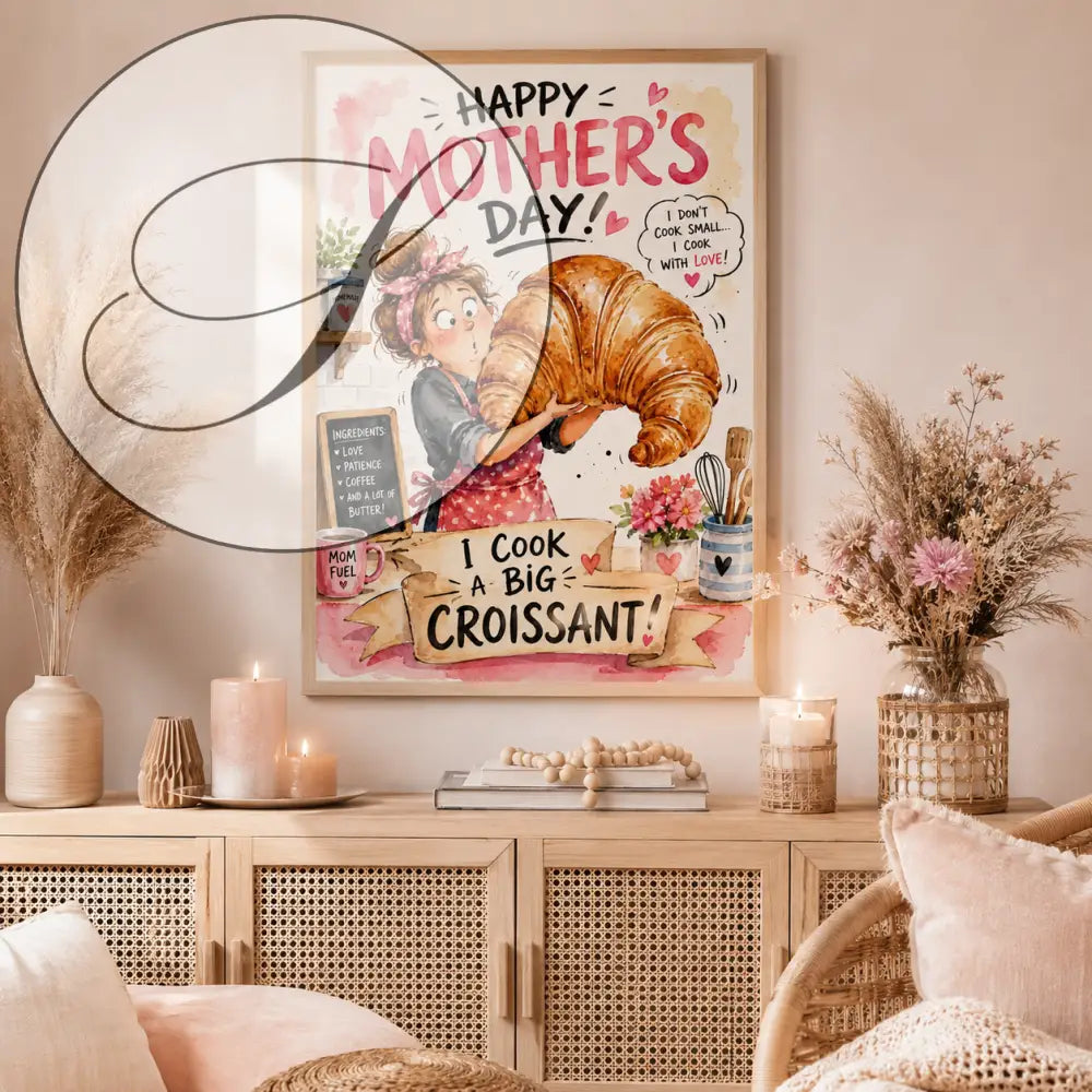 Affiche encadrée joyeux fête des mères avec une femme en tablier tenant un croissant doré décorée de fleurs et ustensiles