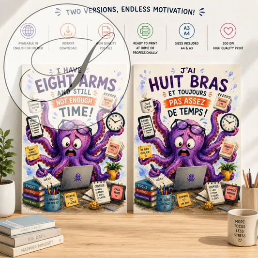 Purple octopus-themed motivational canvas print with multiple arms holding office items and bilingual text in english and french