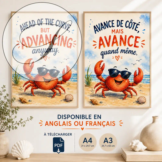 Deux affiches encadrées tt avec un crabe rouge souriant portant des lunettes de soleil sur une plage cartoon