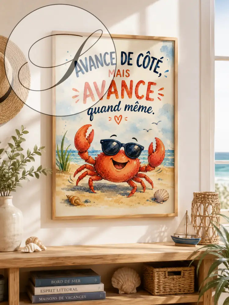 Poster cadre avec crabe orange joyeux portant lunettes noires et phrase avance de côté mais avance quand même plage fond