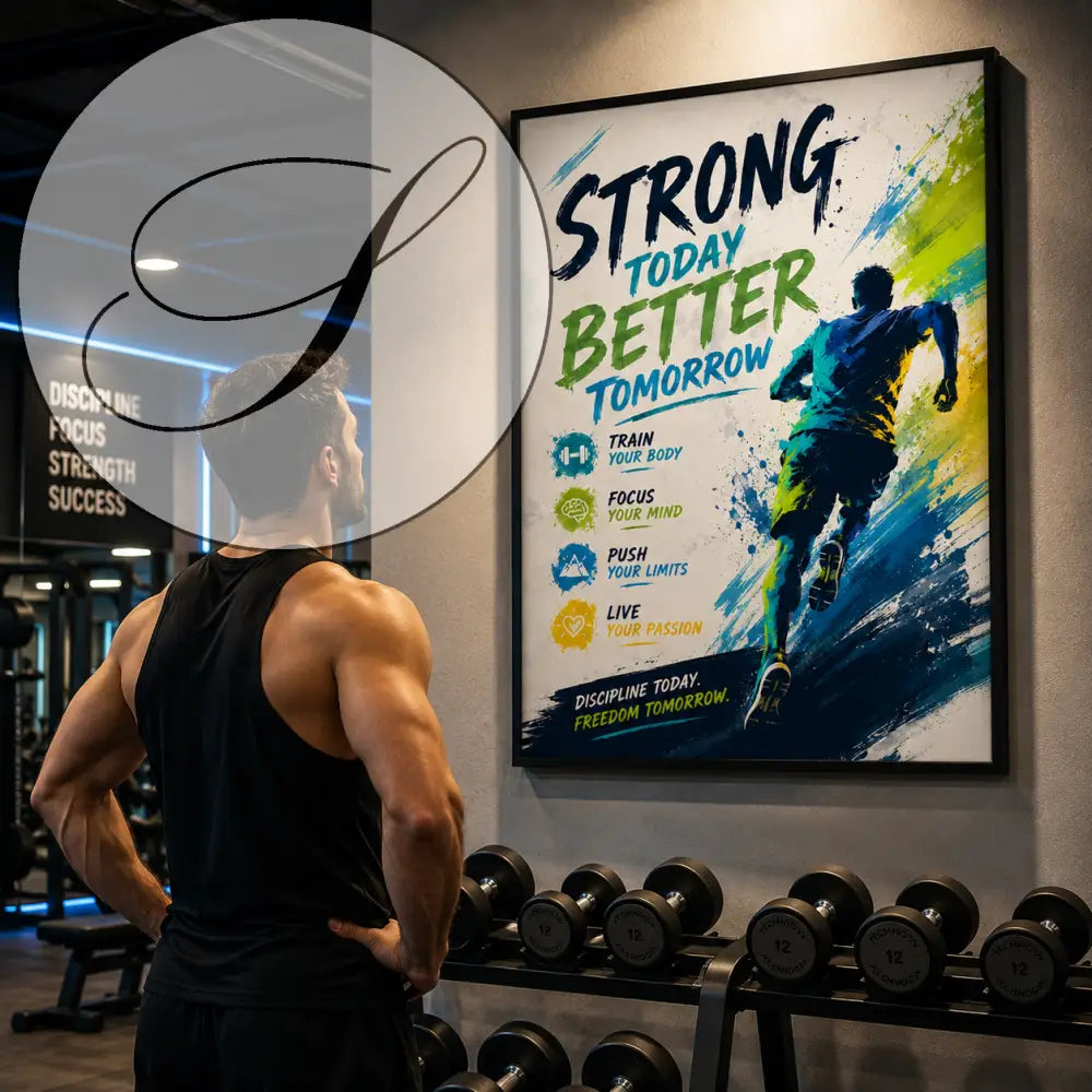 Un poster encadré avec texte fort today better tomorrow et silhouette de coureur sur fond bleu jaune vif