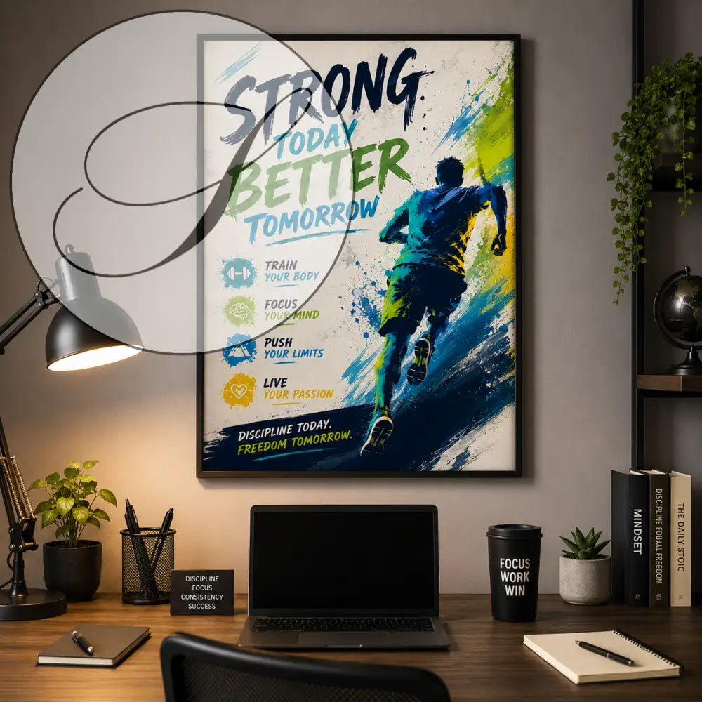 Affiche motivante encadrée ggg avec texte coloré et silhouette dynamique de coureur sur fond abstrait