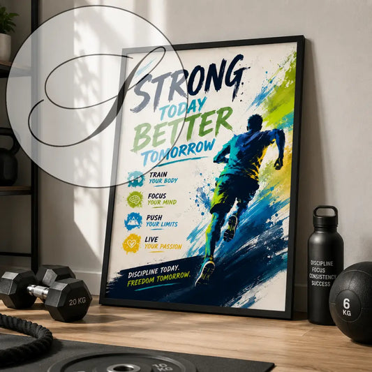 Un poster motivant encadré ggg avec texte coloré et illustration dynamique d un coureur sur fond abstrait éclaboussé