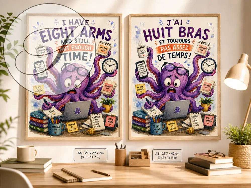 Affiche thème pieuvre violette avec lunettes et bras multiples tenant des objets de bureau encadrée en bois clair