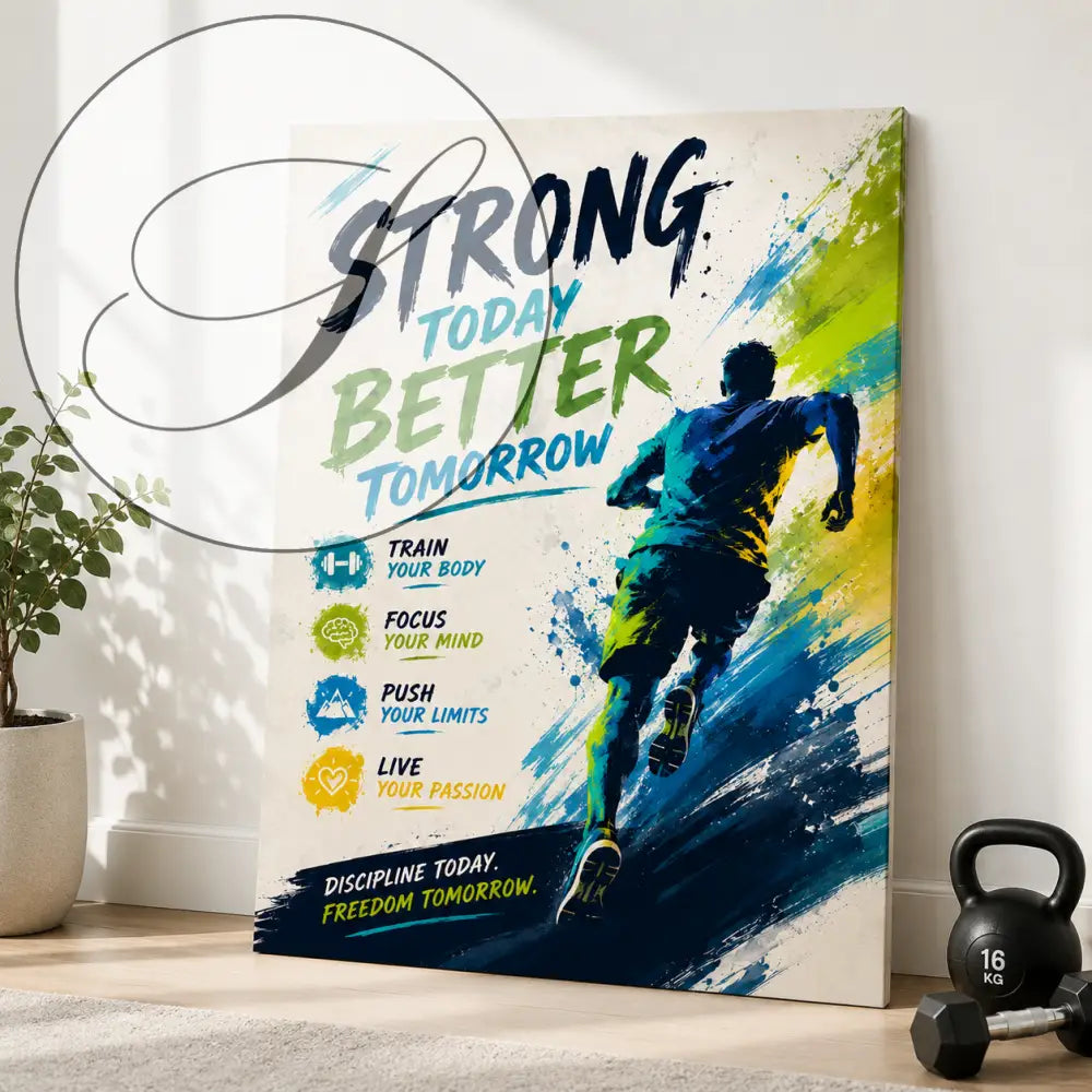 Impression sur toile vibrant avec silhouette de coureur et éclaboussures de peinture bleu vert jaune motivantes