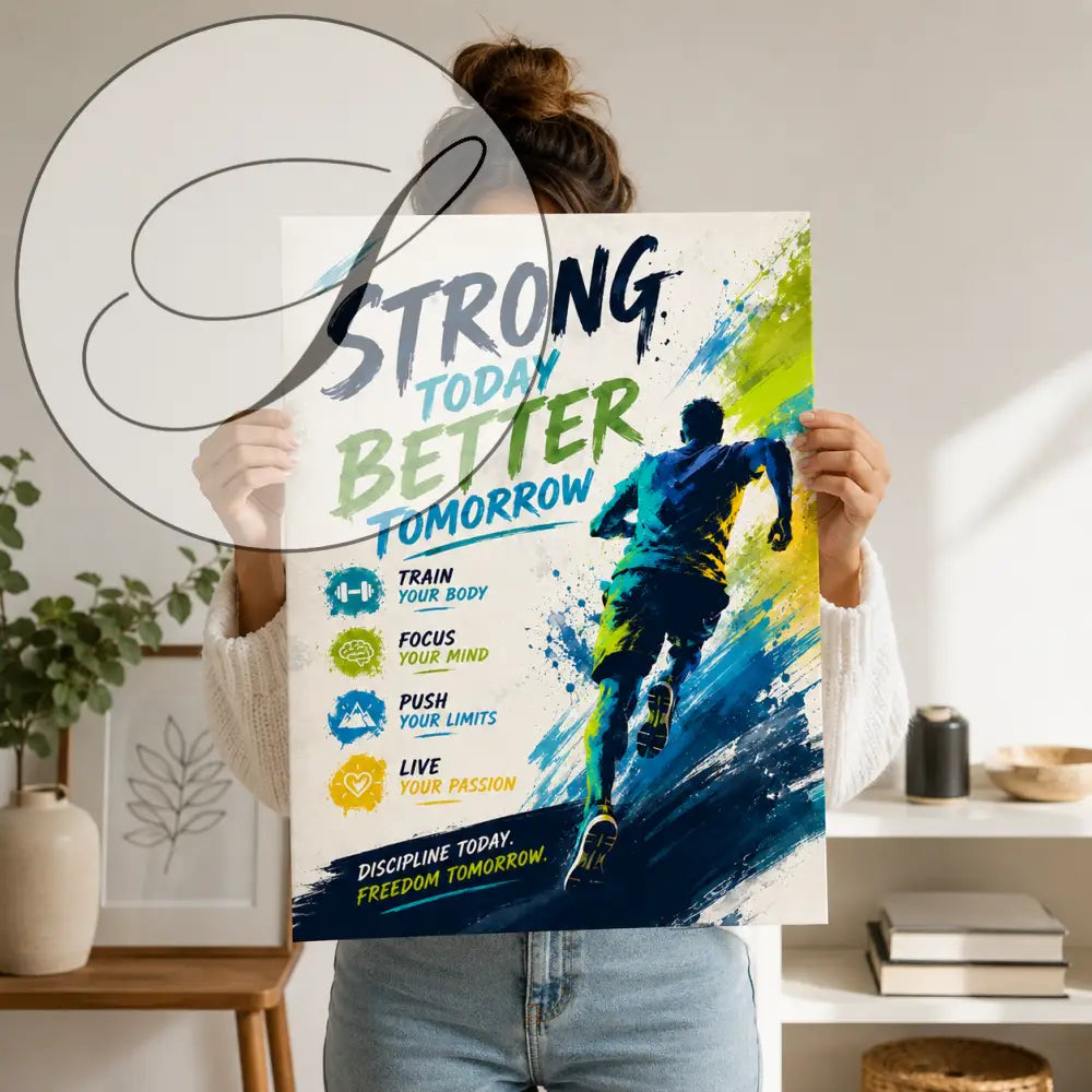 Affiche motivante avec silhouette de coureur et texte fort aujourd’hui mieux demain en bleu vert jaune vif