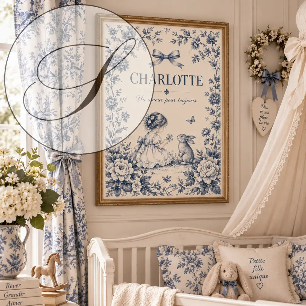 Affiche prénom bébé personnalisée avec cadre bleu blanc illustrant une fille et un lapin pour cadeau naissance unique