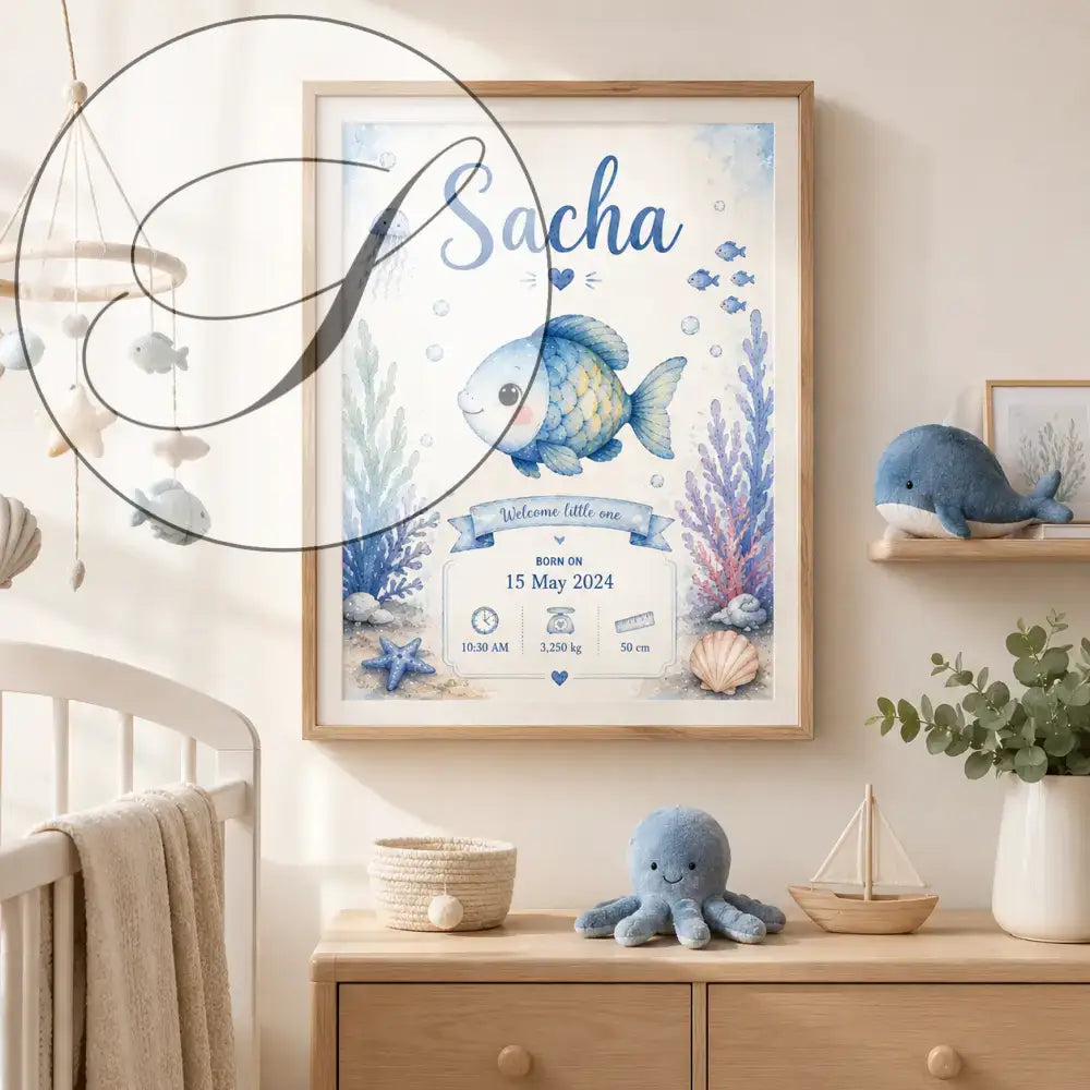 Framed watercolour birth poster with a blue and yellow fish, coral and starfish