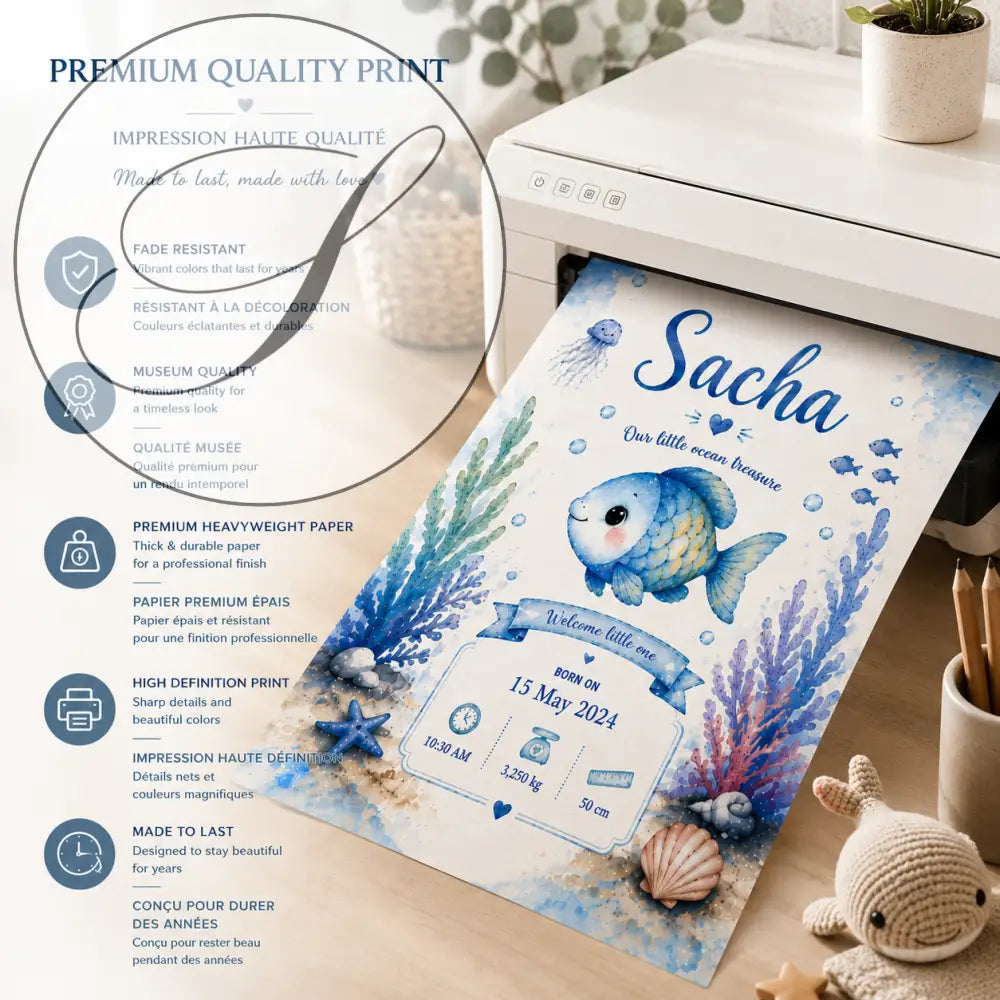Charming blue watercolour fish birth announcement printed on premium card stock