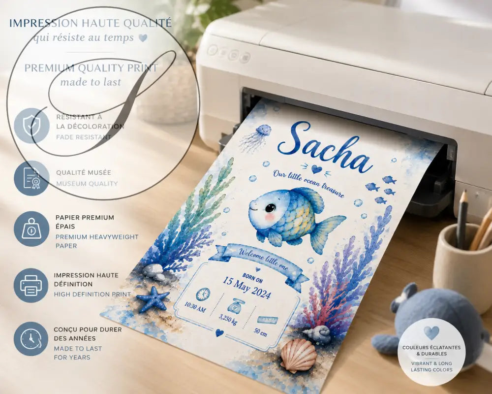 Baby birth announcement with a blue watercolour fish printed on thick premium paper