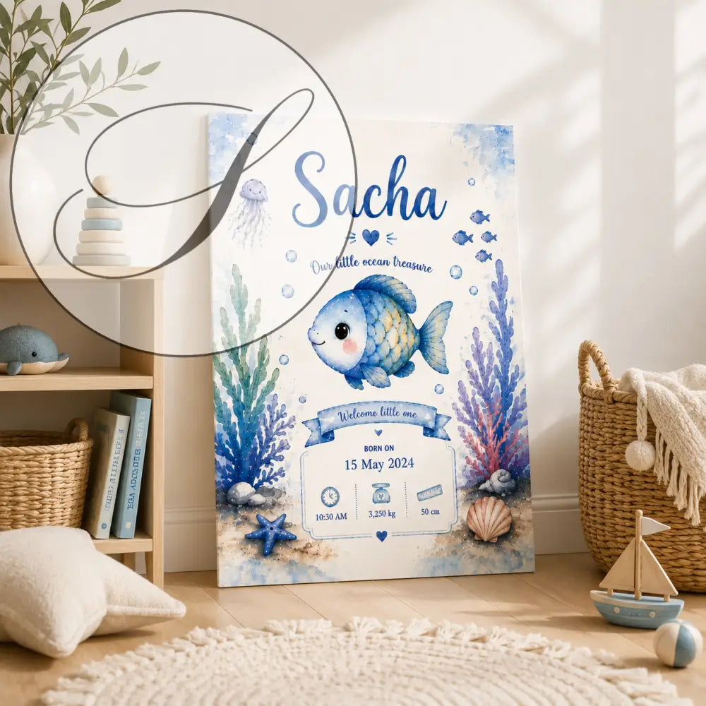 Blue watercolour print with a smiling fish, coral, ocean details, the name Sacha and birth details