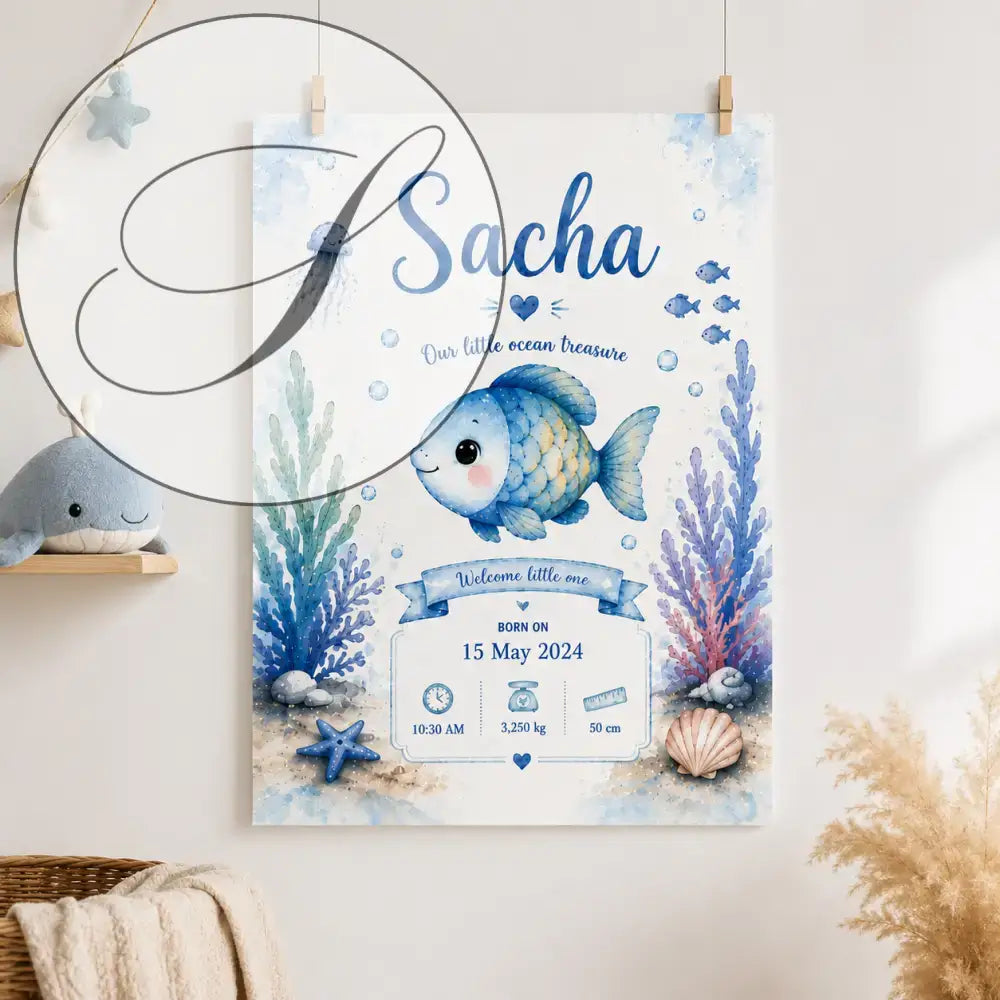 Blue and white watercolour birth poster with fish, coral, shells and jellyfish