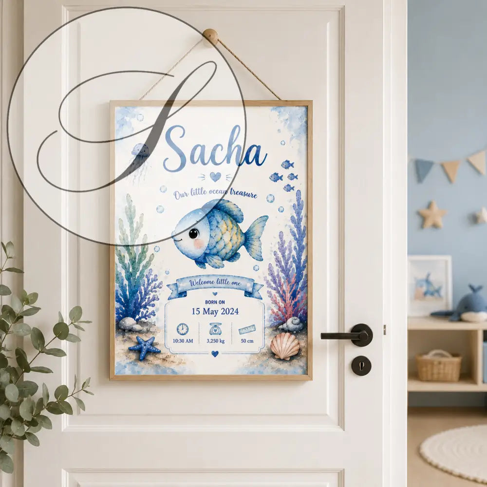 Framed blue and white watercolour birth poster with fish, coral, shells and baby details