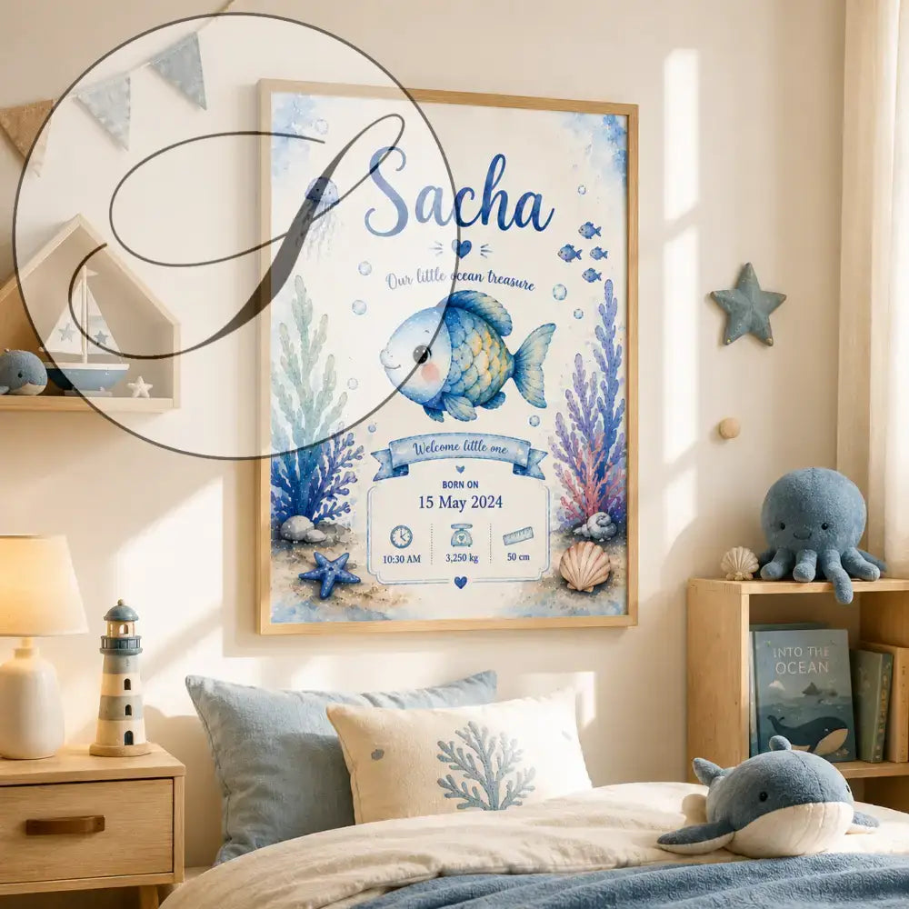 Framed ocean birth poster with a blue and green fish, coral and jellyfish