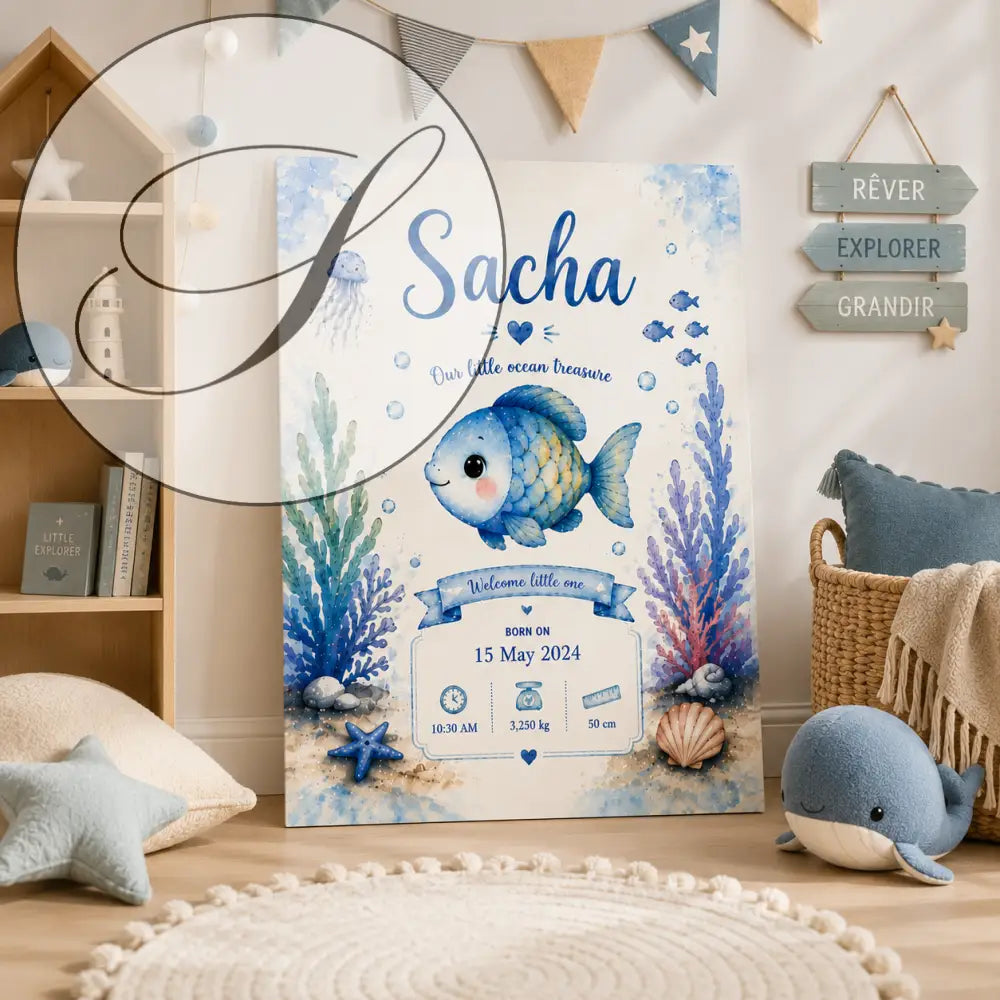 Charming blue watercolour print with a smiling fish, coral and ocean elements