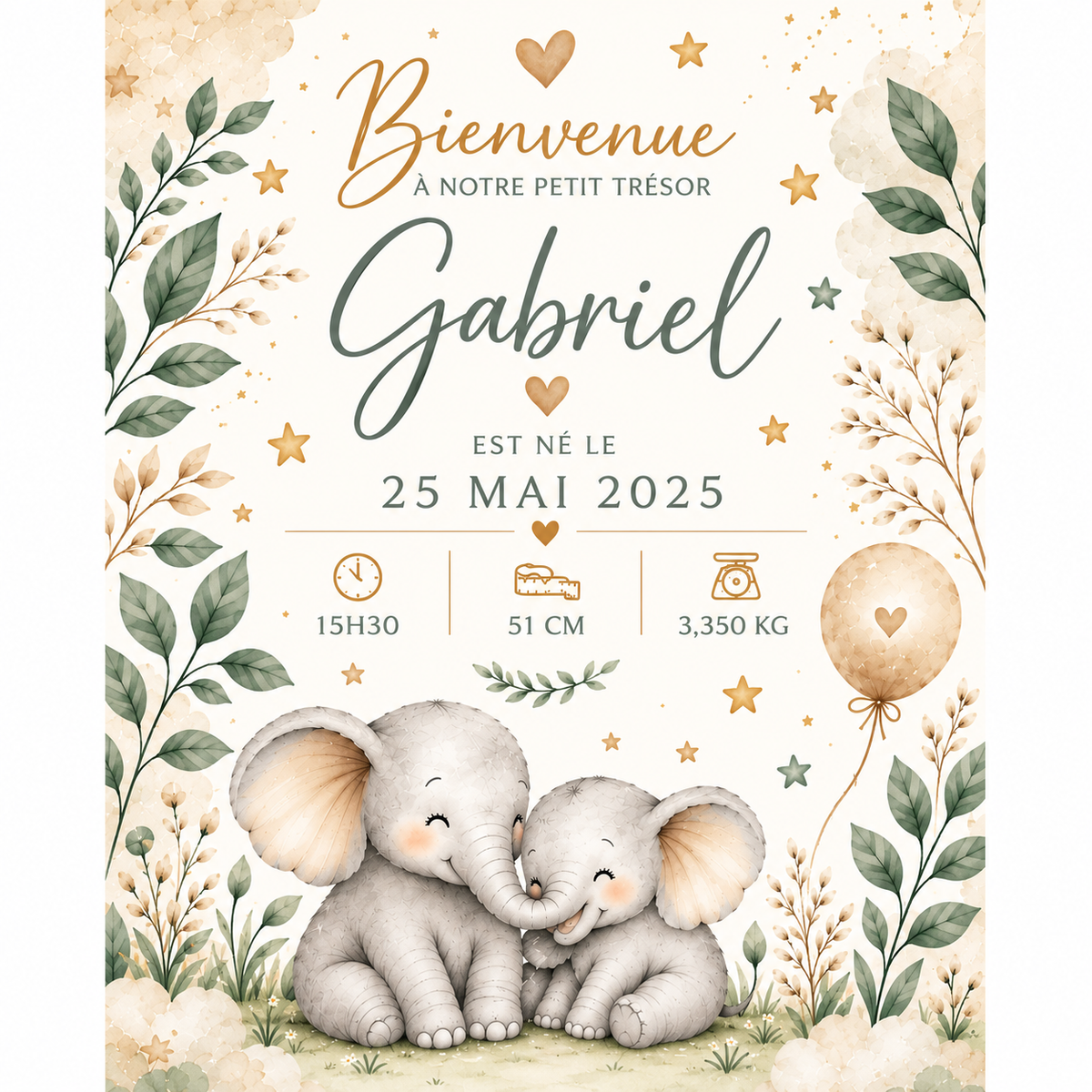 Affiche naissance personnalisée avec prénom featuring two gray baby elephants surrounded by green leaves and golden stars