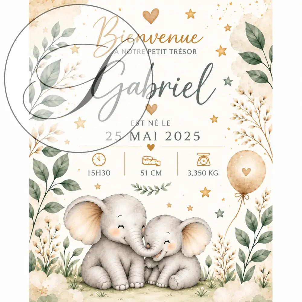 Affiche naissance personnalisée avec prénom featuring two gray baby elephants surrounded by green leaves and golden stars