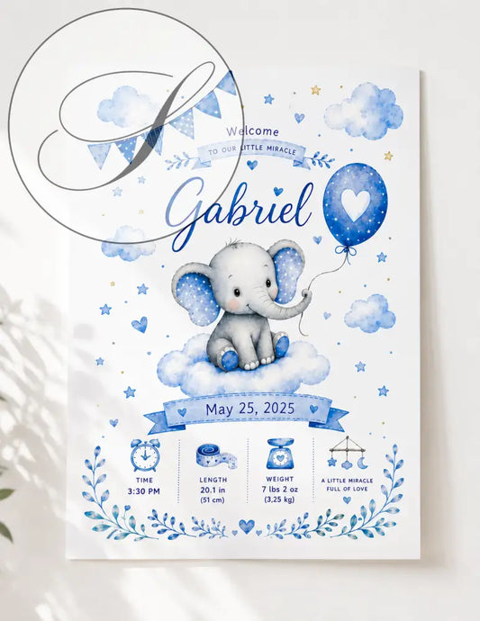 Carte de bienvenue pour baby shower bleue style aquarelle avec éléphant gris aux oreilles étoilées tenant un ballon cœur