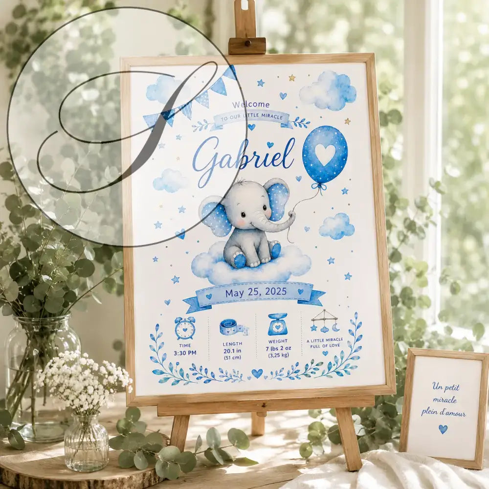 Charming blue and white baby shower welcome sign with an elephant