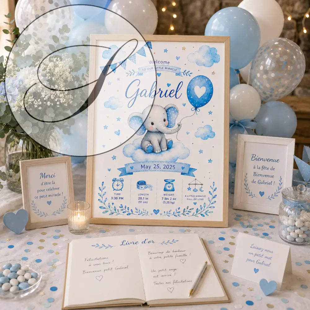 Charming blue and white baby shower welcome sign with an elephant holding a balloon and baby Gabriel's details