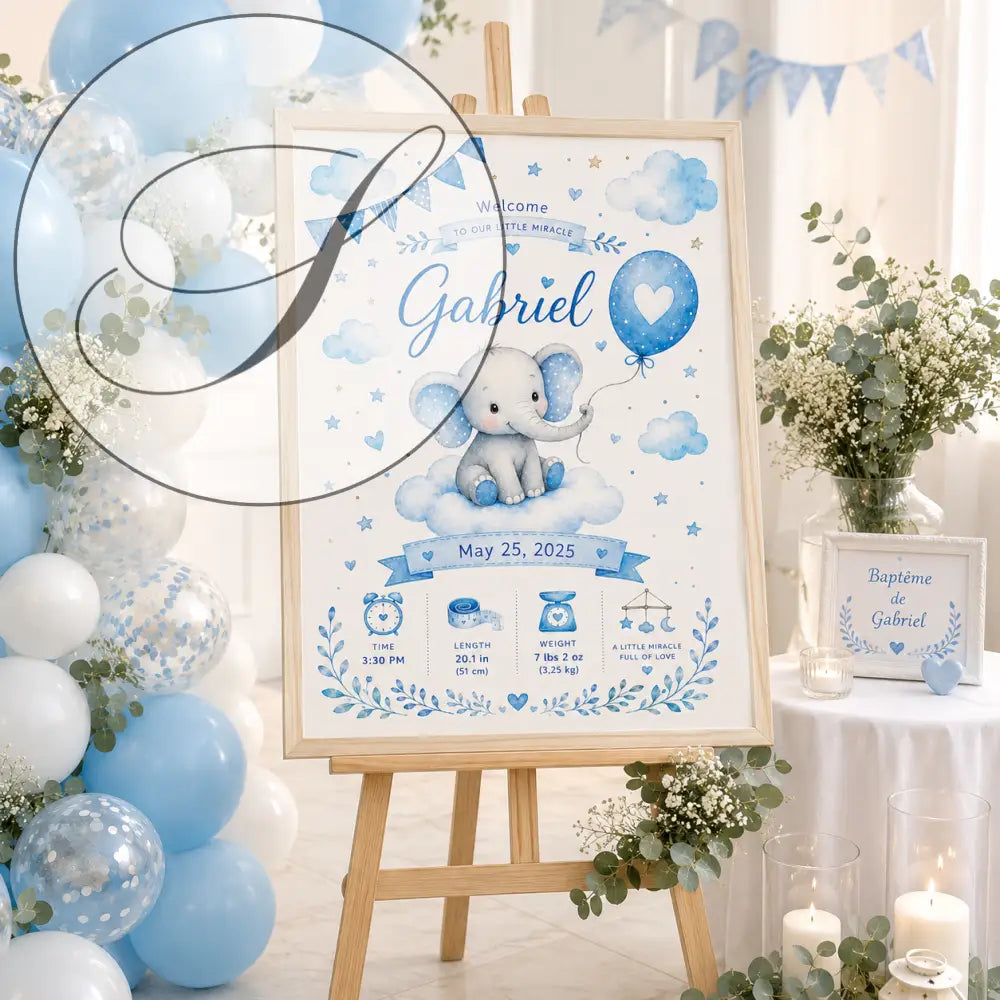 Blue and white baby shower welcome sign with an elephant on a cloud in a light wood frame