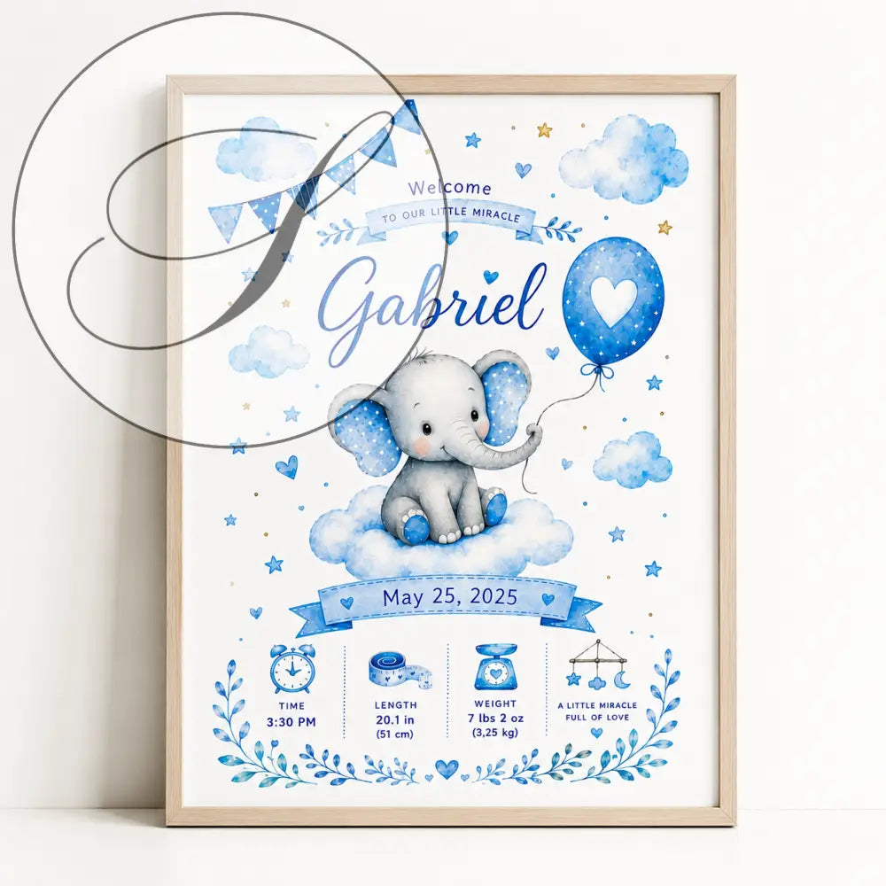Blue and white watercolour baby birth poster with an elephant on clouds and baby details