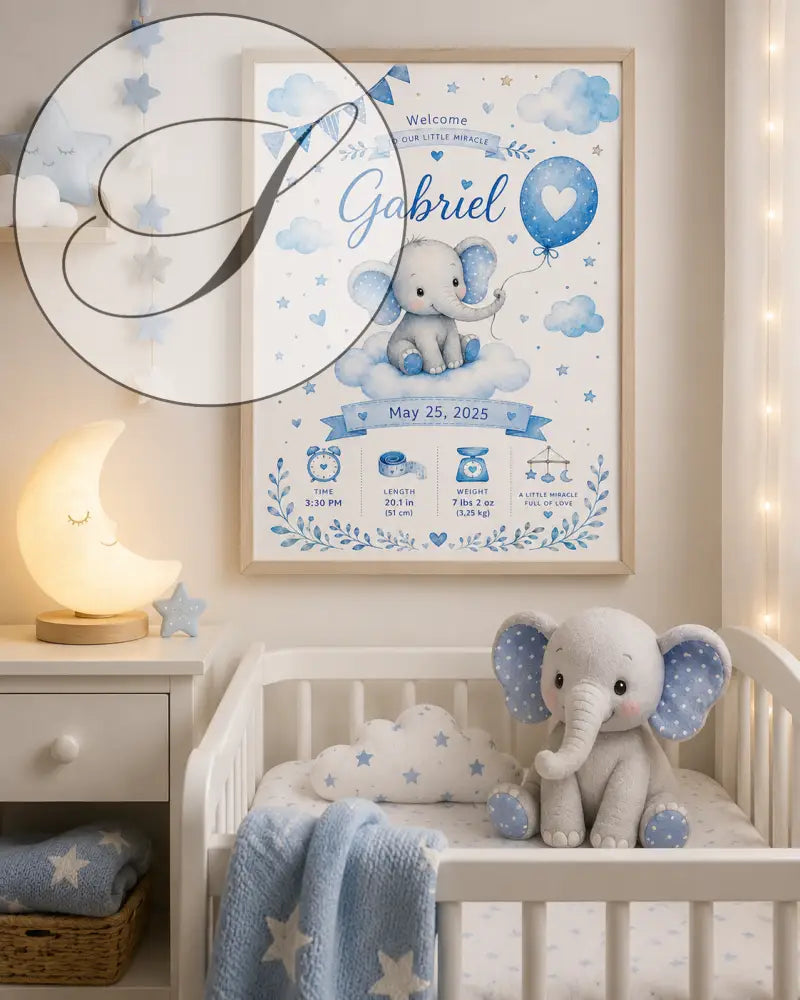 Affiche de bienvenue pour baby shower encadrée avec un éléphant bleu sur un nuage et détails de naissance gabriel