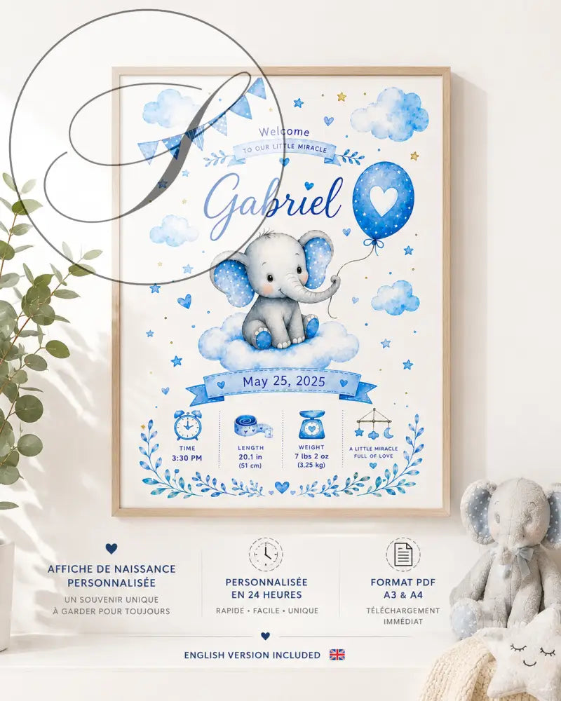 Framed personalized baby birth poster with a watercolour grey elephant on a cloud
