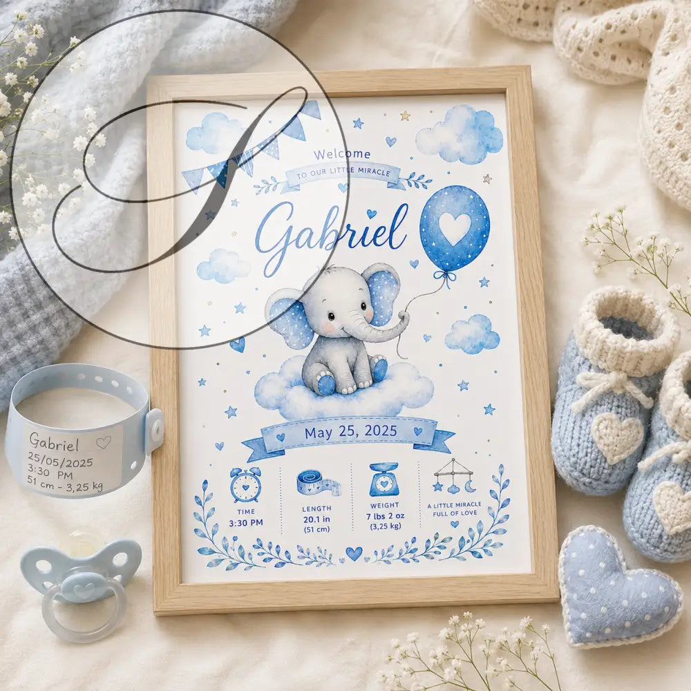 Baby milestone frame with a watercolour grey elephant on a cloud with blue stars and hearts