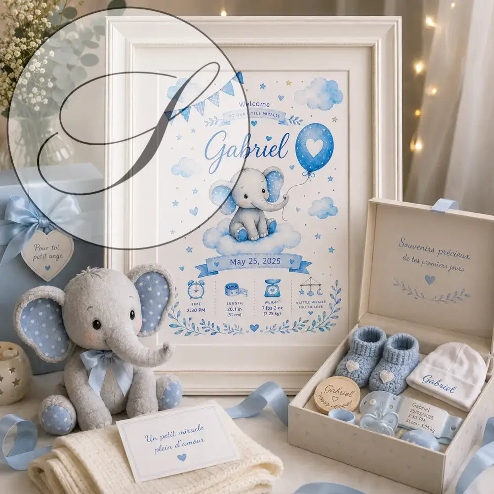 Blue and white baby shower welcome poster with an elephant on a cloud and birth details