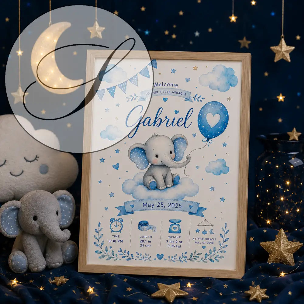 Framed baby shower welcome sign with a grey elephant and navy blue birth details
