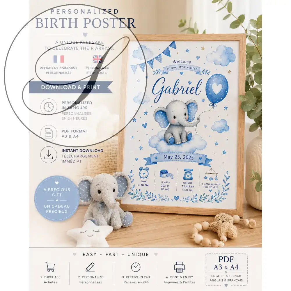 Personalized blue and white elephant birth poster