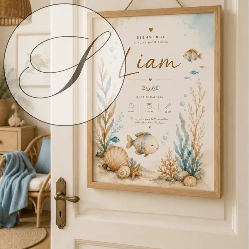 Framed watercolour birth poster with ocean illustrations, light wood frame, pastel colours