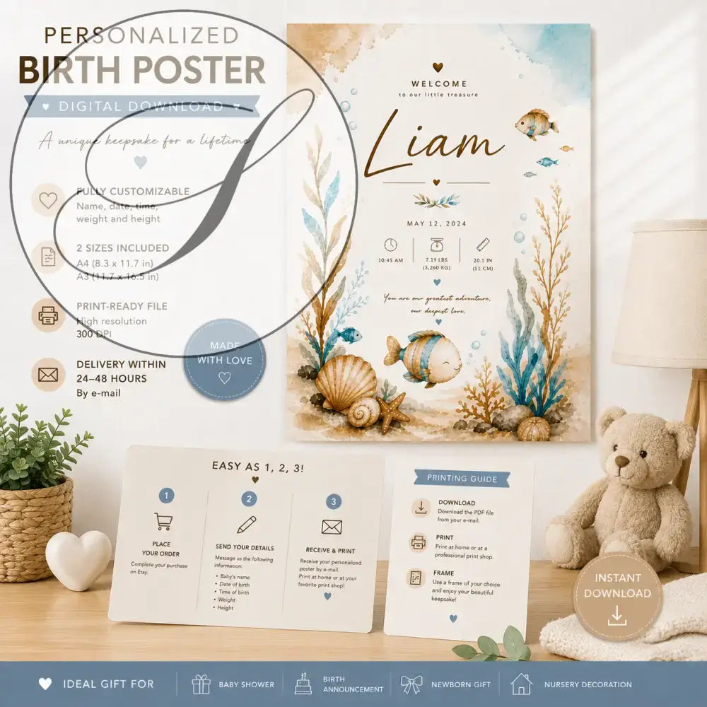 Personalized sea-themed birth poster with a watercolour ocean illustration