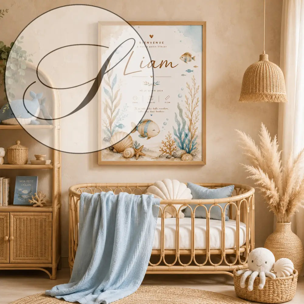 Framed ocean birth poster with watercolour fish, shells and coral