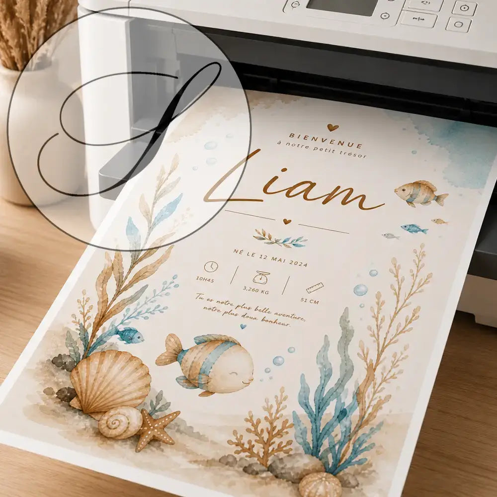 Delicate watercolour baby birth announcement with ocean illustrations in blue tones