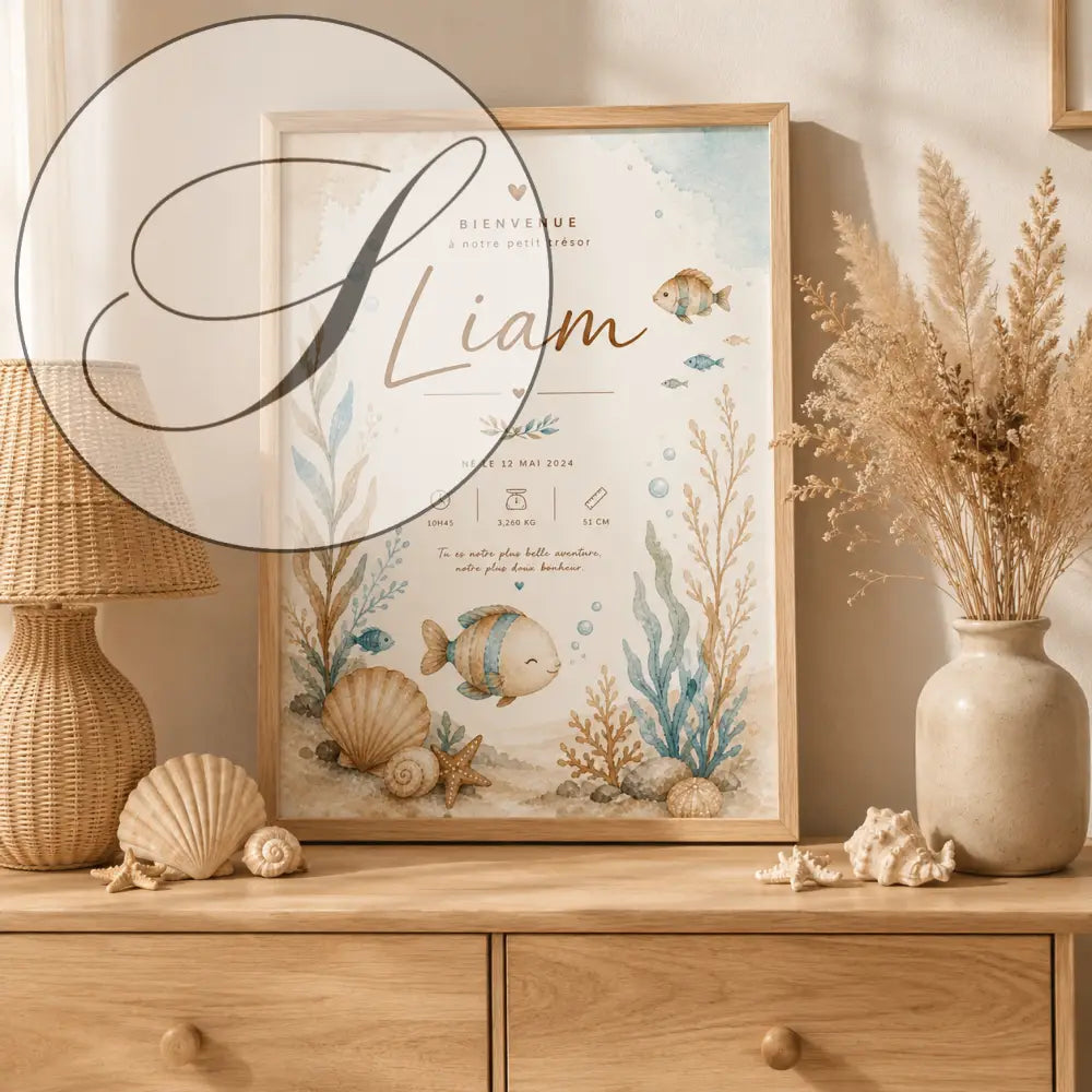 Watercolour frame with a birth announcement for Liam in gold lettering and sea illustrations on cream