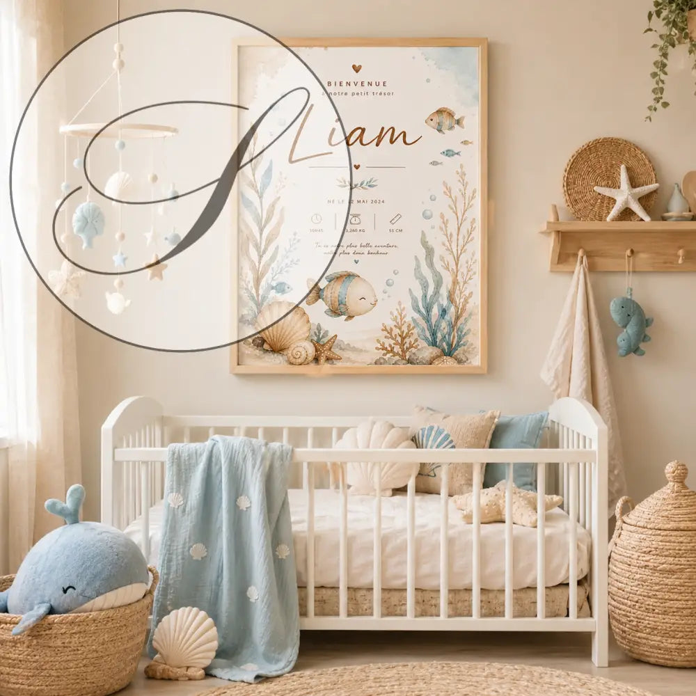 Ocean birth poster with fish, shells and seaweed in blue and beige watercolour