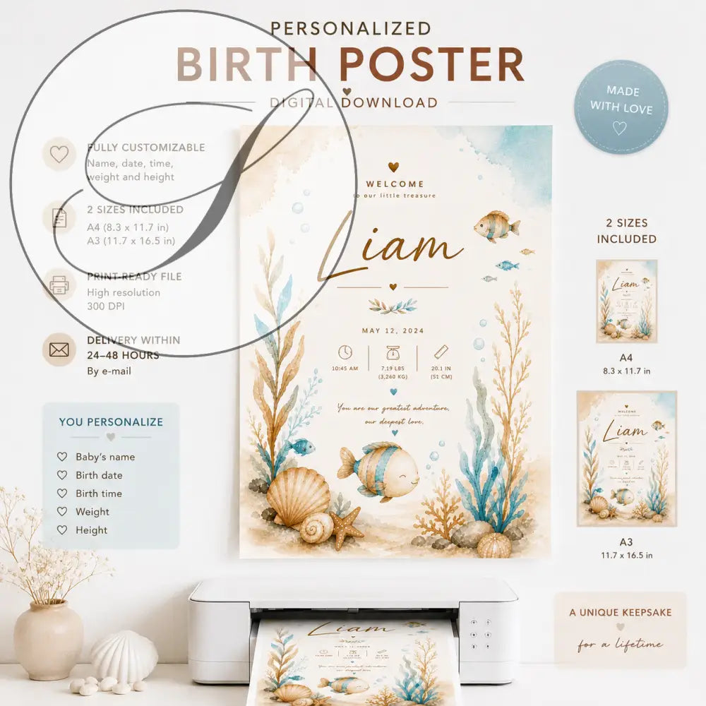 Personalized ocean birth poster with watercolour fish illustrations