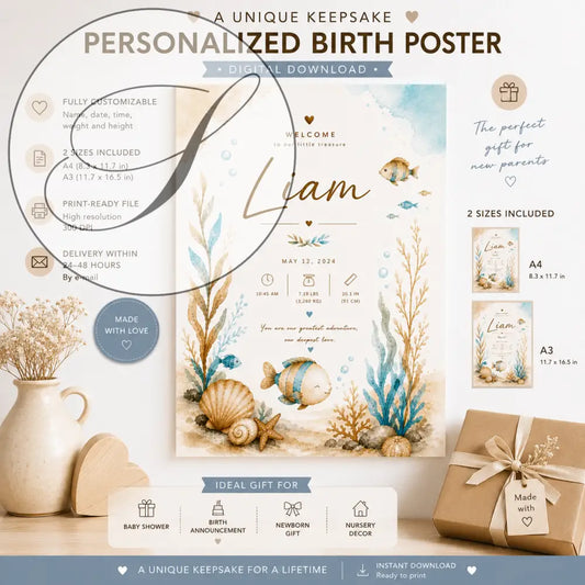 Affiche de naissance personnalisée gg thème océan aquarelle avec prénom